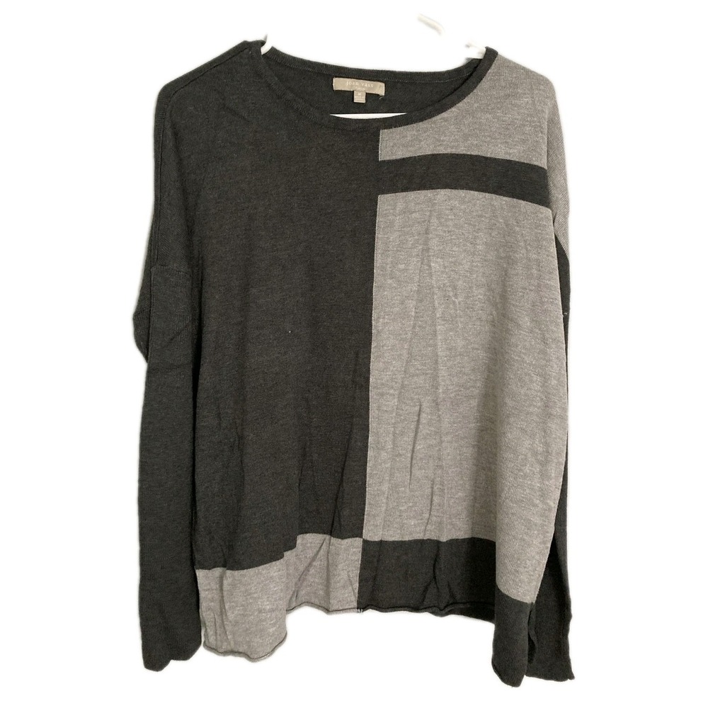 Joan Vass Sweater Women M Gray Colorblock Geometric Knit Pullover Lightweight
